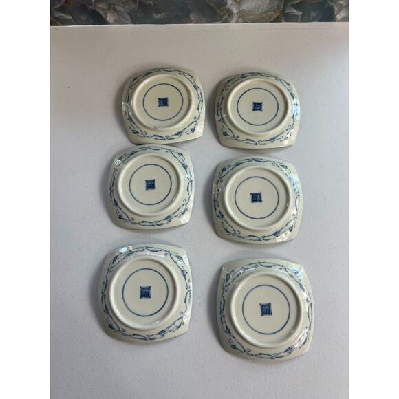 Asian Dessert Plate Set of 6 5.5" Square Blue Floral Pottery Ceramics - Picture 2 of 5